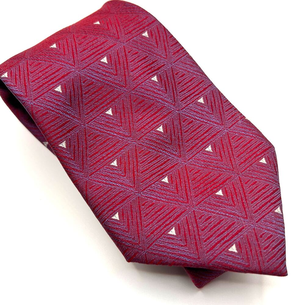 Kenneth Cole - Men's Tie - Red Foulard Silk Handmade Blue Geometric Necktie 57"